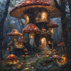 Enchanted Fungal Marketplace in Mystical Forest Landscape - obrazy, fototapety, plakaty