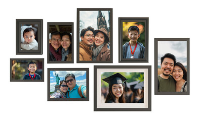 Asian family portraits pictures in collection of black thin frames. Isolated over white transparent background