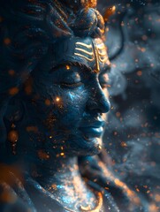 Closeup Portrait of Hyper-Realistic Lord Shiva in Cosmic Blue Wallpaper, a Divine Representation of Hindu God Shiva, Perfect for Spiritual and Religious Themes