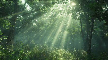 Fototapeta na wymiar Sunlight streaming through a forest canopy