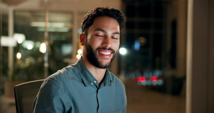 Man, face and working in night office with computer, businessman answer emails or overtime for deadline. Hardworking, search or browse internet for online company, research or social media assistant