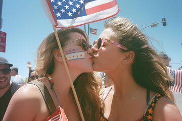 Two young women lesbians lgbt kissing with America Flag celebrating 4 July or Pride Gay Parade at summer streets