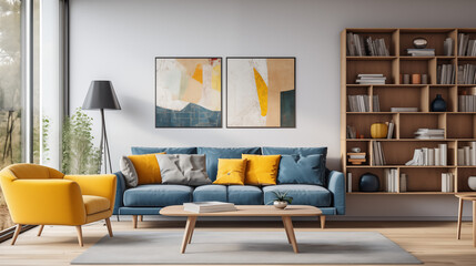 Elegant Modern Living Room with Blue Sofa and Yellow Decorative Pillows