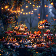 Mystical Feast with Glowing Fruits and Levitating Cakes in Enchanted Forest Clearing