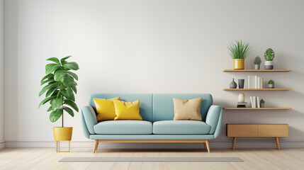 Fototapeta na wymiar Minimalist Living Room Design with Blue Couch and Mustard Yellow Pillows