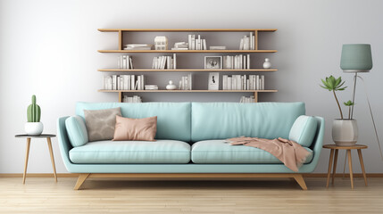 Modern Living Room Interior with Bookshelves and Comfortable Sofa