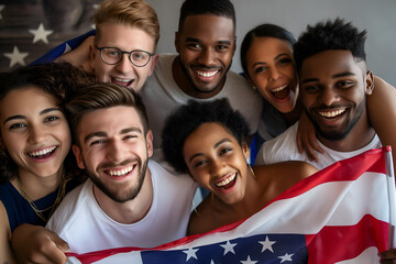Excited happy multiracial friends different ethnicities and skin colors with American USA Flag celebrating 4 july at New York streets at summer sunny day - obrazy, fototapety, plakaty