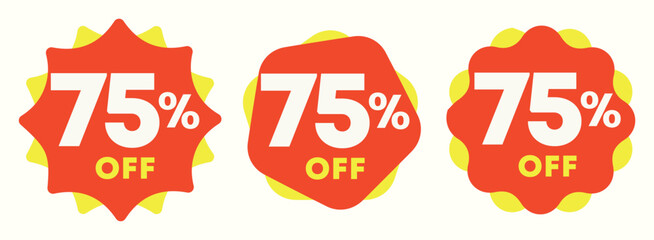 75% off. Special offer sticker, label, tag. Value discount poster, price. Shapes in yellow and red. Promo, discount, sale, store, retail, mall. Icon, vector