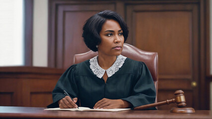 Black female judge listens intently to case in courtroom - obrazy, fototapety, plakaty