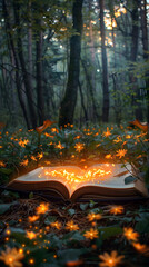 Enchanting Forest Clearing with Fiery Book Igniting Blossoming Flowers in Warm Light