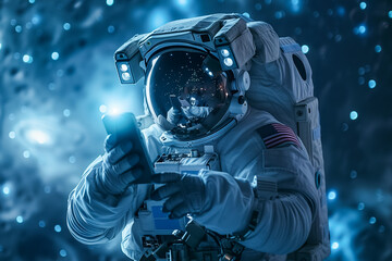 An astronaut holding his smartphone in space.
