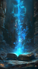 Glowing Fantasy Tome Ablaze with Blue Flames in Rune Etched Cavern of Mystery and Power