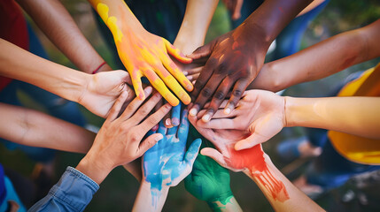 Group of Colorful Painted Hands in a Circle - obrazy, fototapety, plakaty