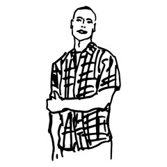 Standing young man wearing checkered shirt. Male portrait. Hand drawn linear doodle rough sketch. Black and white silhouette.
