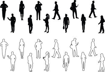 Silhouettes of people working group of standing business employees black icon set vector line or flat. The concept of office workers, director and subordinates isolated on transparent background.