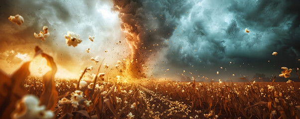 Apocalyptic Tornado Swirling Chocolate and Popcorn in a Dramatic Surreal Tempest Over a Field - obrazy, fototapety, plakaty