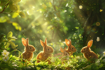 Delightful little rabbits hopping through a sun-dappled glade in a lush forest, their cottony tails bobbing with each joyful leap, captured in crisp HD imagery - obrazy, fototapety, plakaty