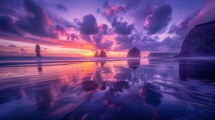 A secluded beach at sunset, the sky ablaze with colors ranging from deep purple to orange, reflections dancing on the wet sand, creating a moment of harmony and reflection. - obrazy, fototapety, plakaty