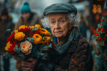 An elderly woman surrounded by family, holding a bouquet of flowers and a cake with the number "90" in candles. Celebration of a 90th birthday milestone. Generative Ai.
