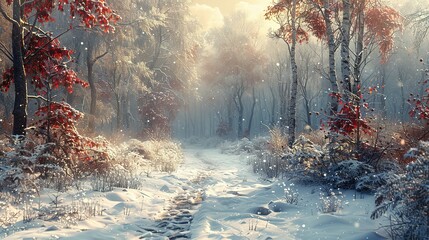 A path in the snowy winter forest with copy space generative ai illustration