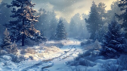 A path in the snowy winter forest with copy space generative ai illustration