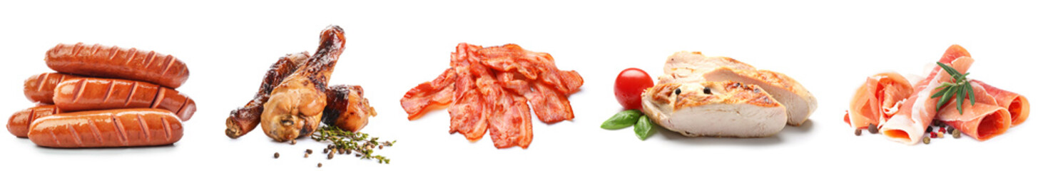 Set of tasty meat dishes on white background