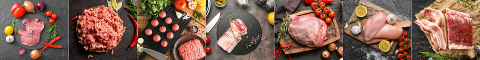 Collage of fresh meat on dark and wooden backgrounds