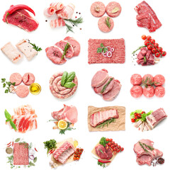 Collage of fresh meat on white background