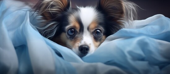 A cozy scene of a fluffy dog resting comfortably on a bed covered with a soft blue blanket - obrazy, fototapety, plakaty