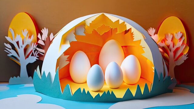 Chicken eggs paper Kirigami Easter child landscape