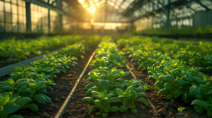 Rows of lush green seedlings growing in sunlit greenhouse with irrigation lines - 776508904