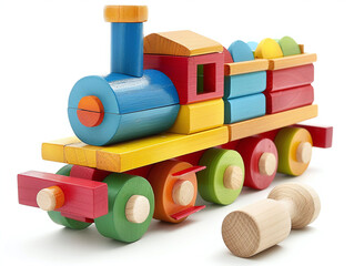 Colorful wooden train toy isolated on white background. Made from wood blocks for children creativity training.