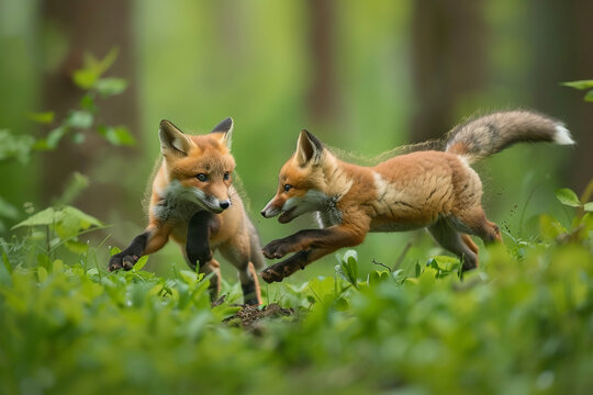 Playful baby fox cubs chasing each other through the verdant undergrowth of a forest, their fluffy tails bouncing with each joyful leap, captured with HD clarity