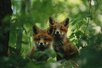 Playful baby fox cubs exploring a dense thicket in a verdant forest, their inquisitive noses twitching as they sniff out new scents, captured with HD precision