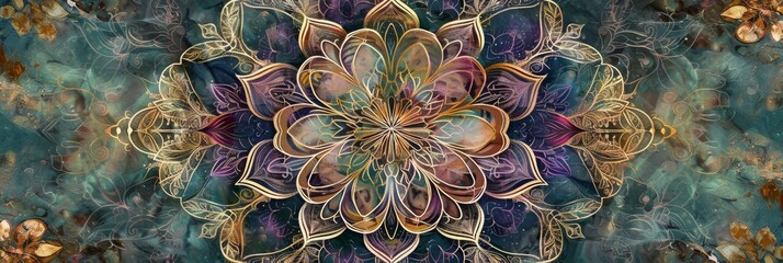 Mandala with natural floral elements, essence of the earths beauty and spiritual journey, transition smoothly from greens and blues to divine purples and golds created with Generative AI Technology - obrazy, fototapety, plakaty