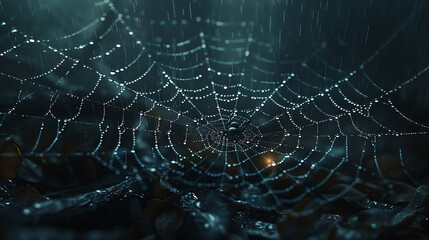 symmetry of a spider's web adorned with dewdrops