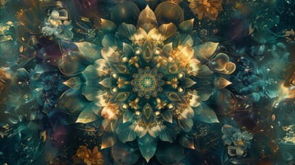 Mandala with natural floral elements, essence of the earths beauty and spiritual journey, transition smoothly from greens and blues to divine purples and golds created with Generative AI Technology - obrazy, fototapety, plakaty