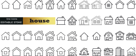 House, home, property, cottage editable stroke outline icons set isolated on white background flat vector illustration. Pixel perfect. 64 x 64.
