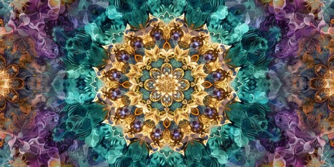 Mandala with natural floral elements, essence of the earths beauty and spiritual journey, transition smoothly from greens and blues to divine purples and golds created with Generative AI Technology