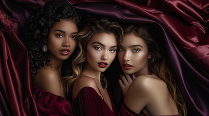 Obraz na płótnie Canvas A mesmerizing tableau featuring three stunning women, their diverse features accentuated against a backdrop of rich burgundy, capturing the essence of beauty in variety.