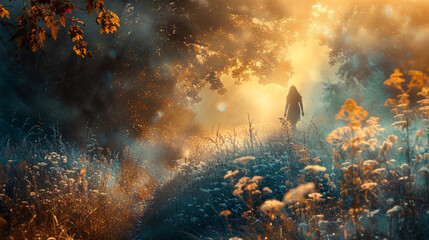Fototapeta na wymiar beautiful nature scene with woman walking in the distance, teal and gold. beautiful lighting