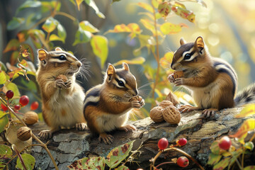 Sweet little chipmunks gathering nuts and seeds in the dappled sunlight of a lush forest, their cheek pouches bulging as they prepare for winter, captured in stunning HD detail - obrazy, fototapety, plakaty
