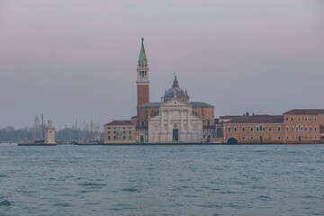San Giorgio Maggiore Church on a hazy winter evening, Venice, Veneto, Italy