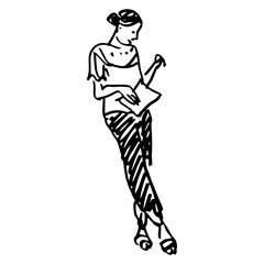Standing funny girl holding a piece of paper or document. Hand drawn linear doodle rough sketch. Black and white silhouette.