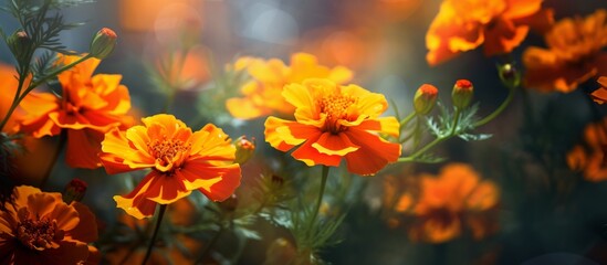 Fototapeta na wymiar Vibrant and bright orange flowers bunched together with a soft blurred background creating a stunning visual
