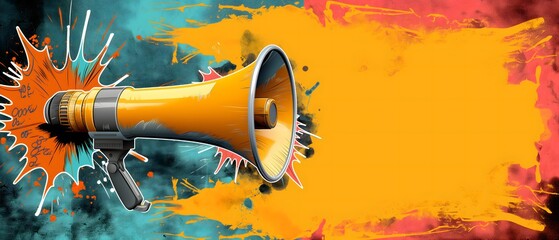 Popart collage with megaphones. Loudspeacker announcing crazy promotions. Retro collage composition with torn paper, doodle elements, space for text