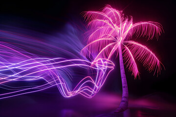 Neon palm tree under a neon sky isotated on black background.