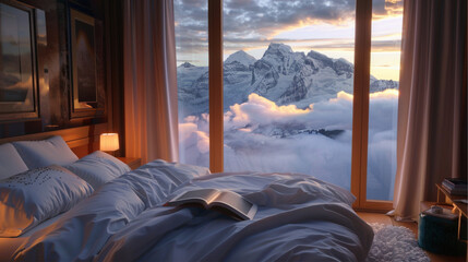 cozy bedroom with white bed sheets large window, There is a book on the bed, and a snow scene from...
