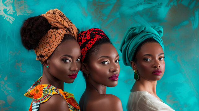 Three radiant ladies, their personalities shining through, captured against a backdrop of vibrant turquoise, symbolizing unity in diversity and embracing individuality.