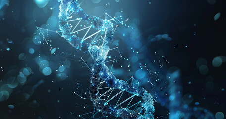 A DNA strand is shown in a blue color scheme. The image is abstract and has a futuristic feel to it - obrazy, fototapety, plakaty